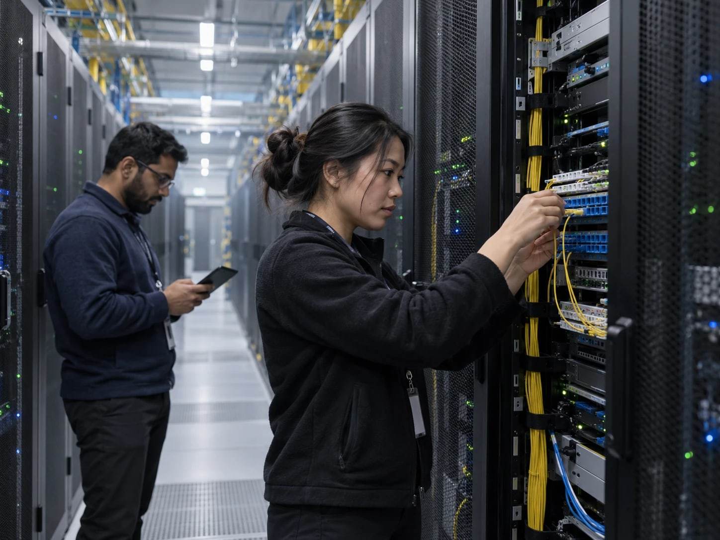Engineer connecting a fiber patch cord in a data centre while a colleague checks a tablet