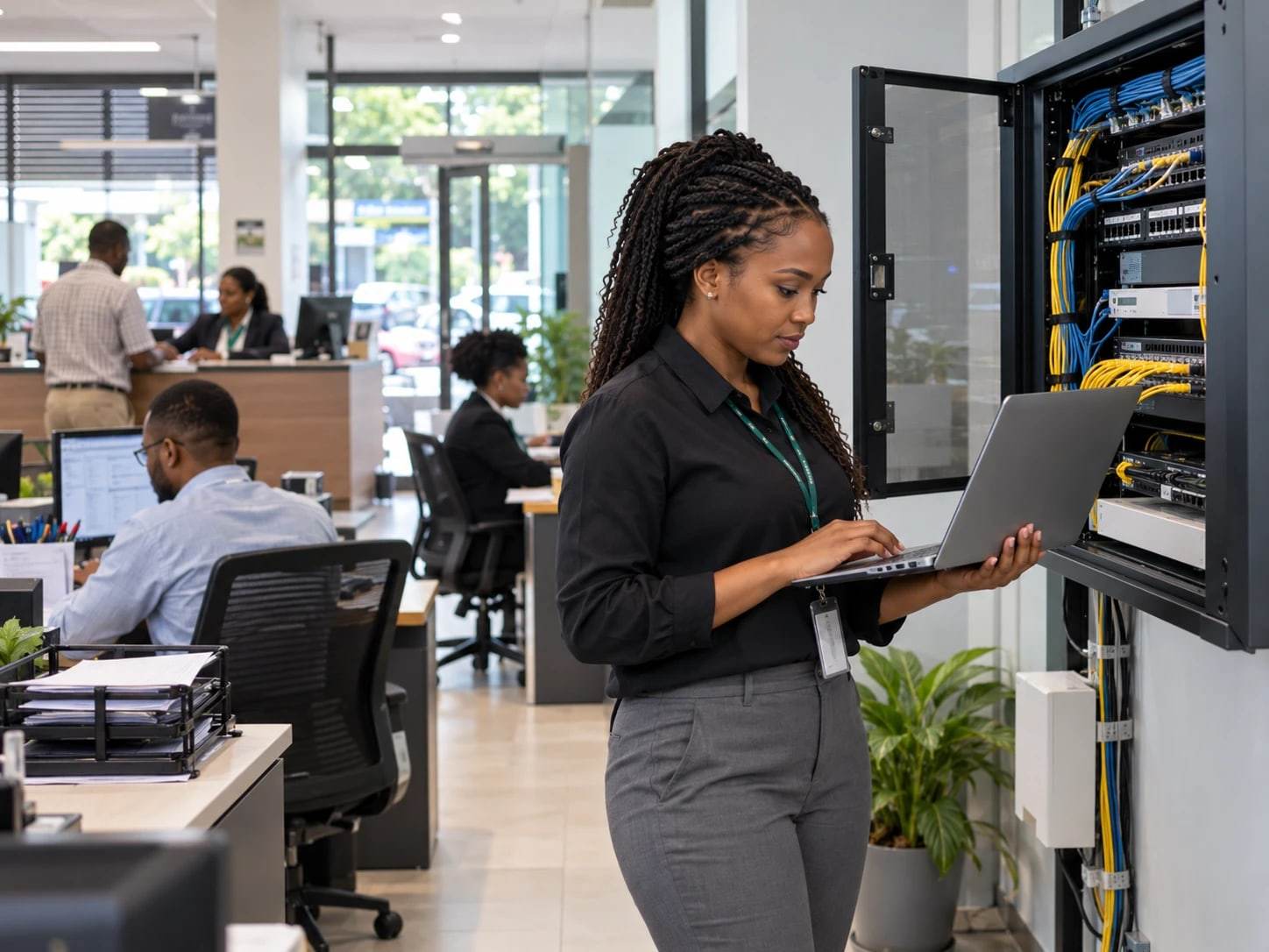 IT manager with a laptop checking the network cabinet in a busy branch office