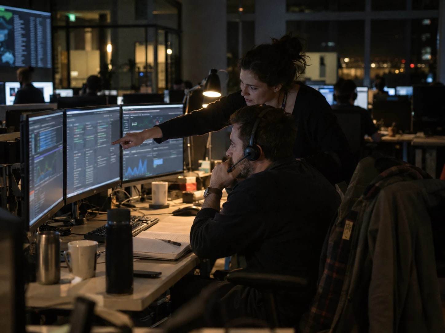 Two engineers reviewing network dashboards in an operations centre at night