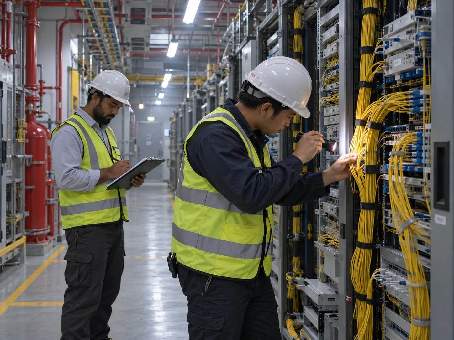 Engineers in hard hats inspecting fiber cabling in an optical transport room